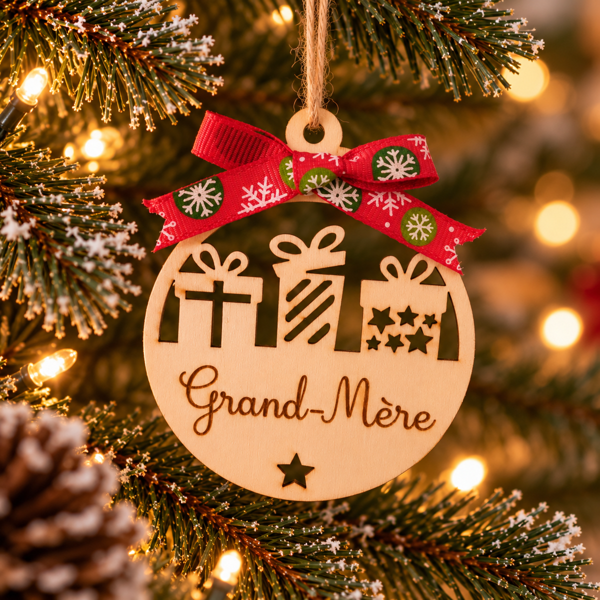 Boule de Noël en bois personnalisé motif cadeaux