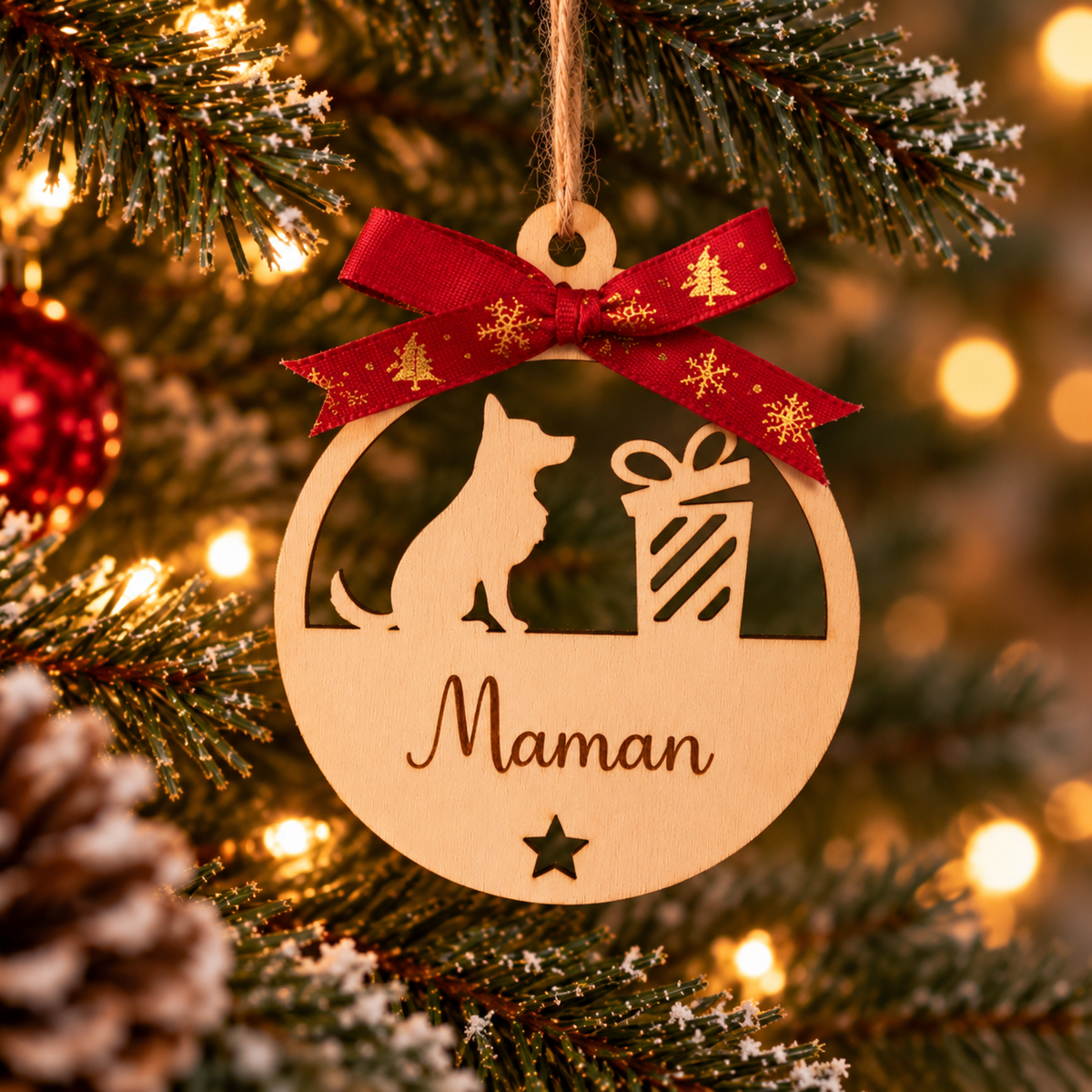 Boule de Noël en bois personnalisé motif chien avec cadeau