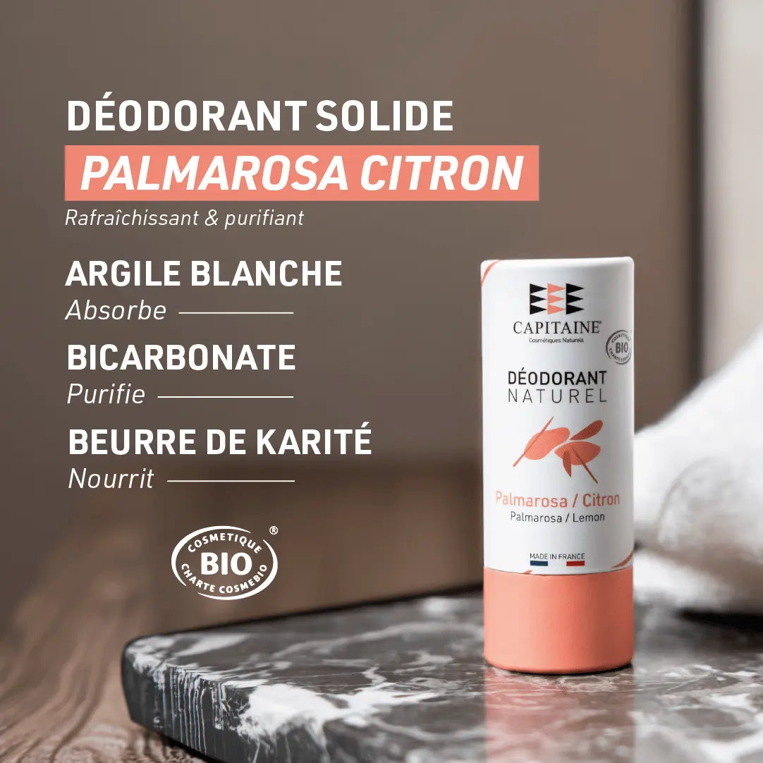 Déodorant naturel solide en stick - Palmarosa Citron Capitaine Cosmétiques