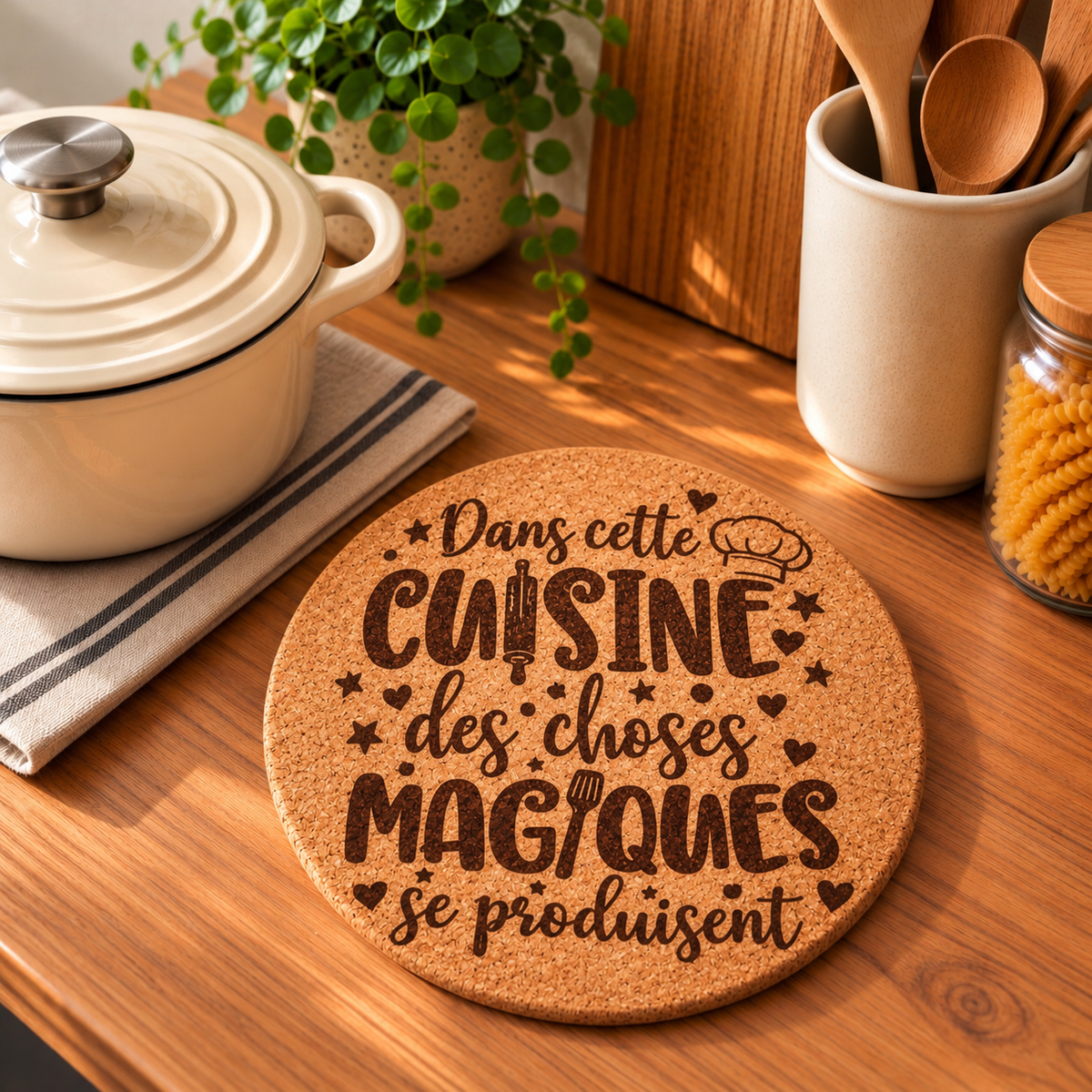 Dessous de plat en liège personnalisé Dans cette cuisine des choses magiques se produisent