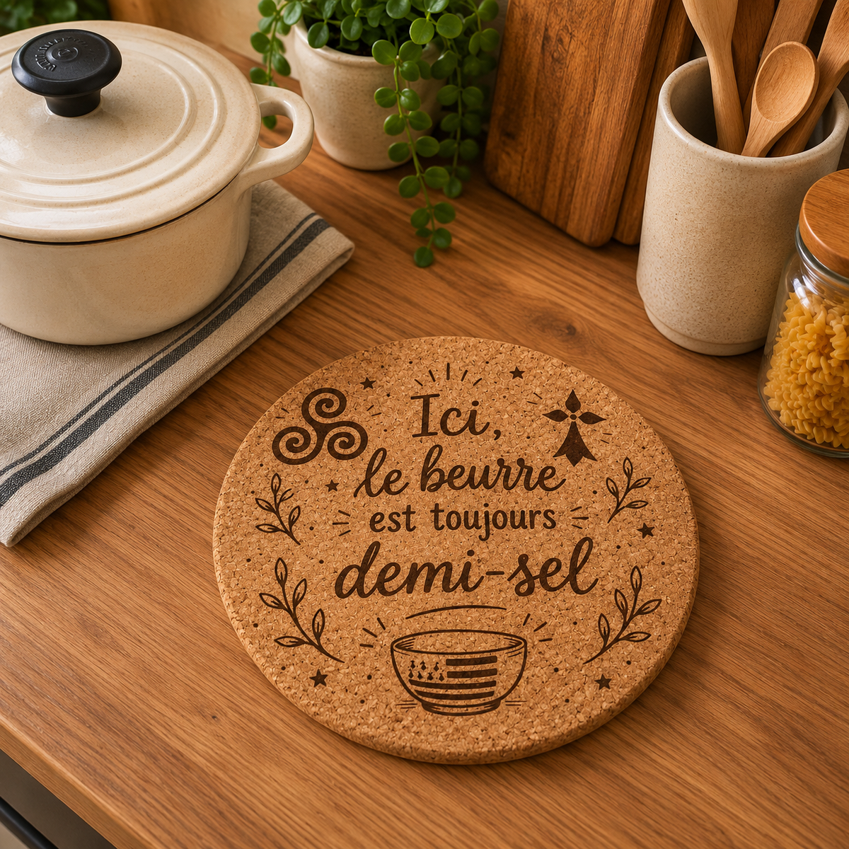Dessous de plat en liège personnalisé Ici le beurre est toujours demi-sel