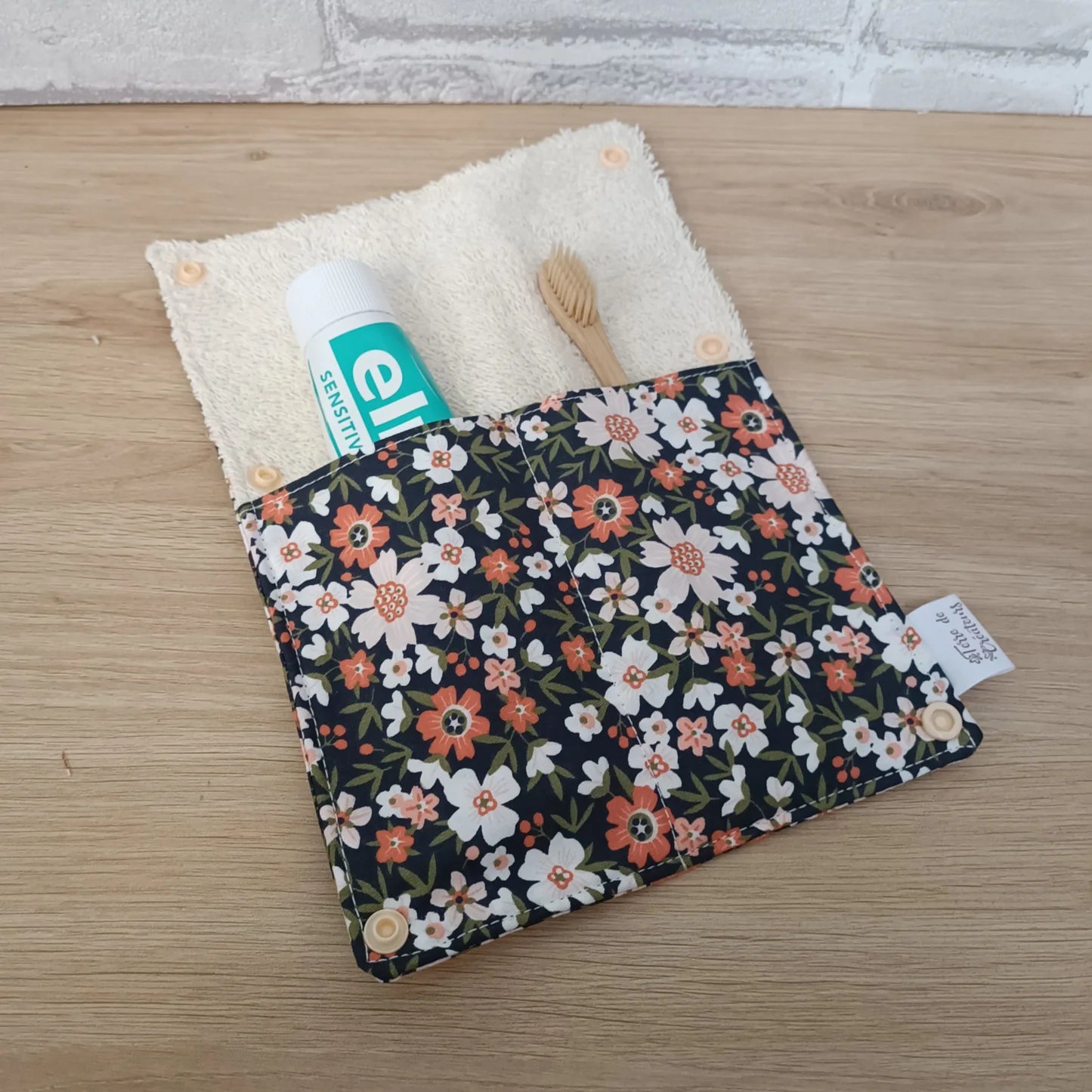 Étui à brosse à dents et dentifrice motif fleurs beige et orange