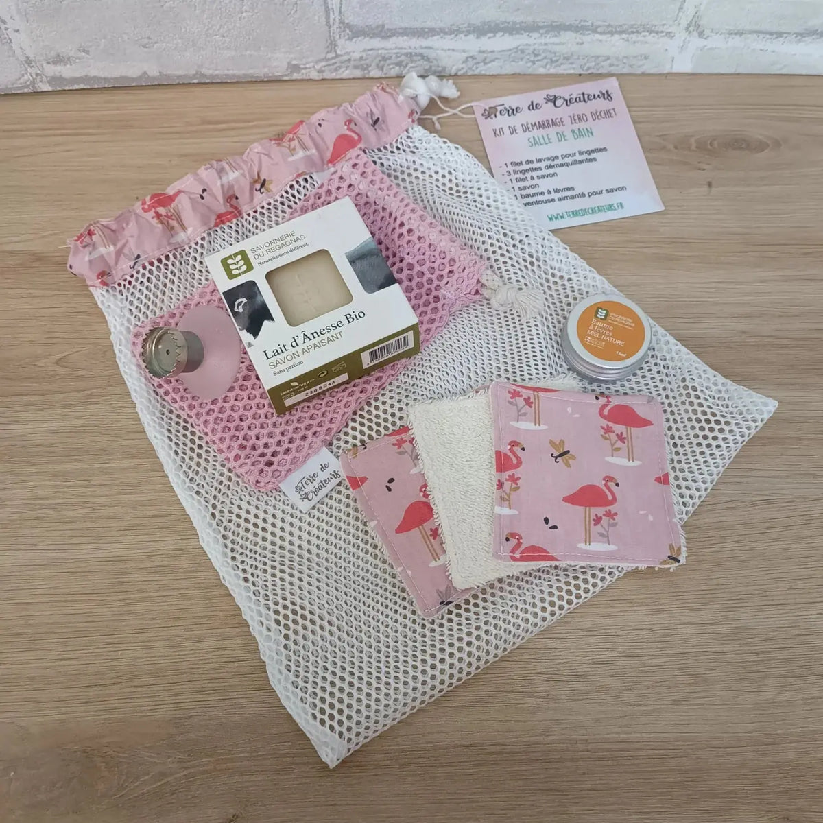 Kit zéro déchet salle de bain tissu motif flamant rose