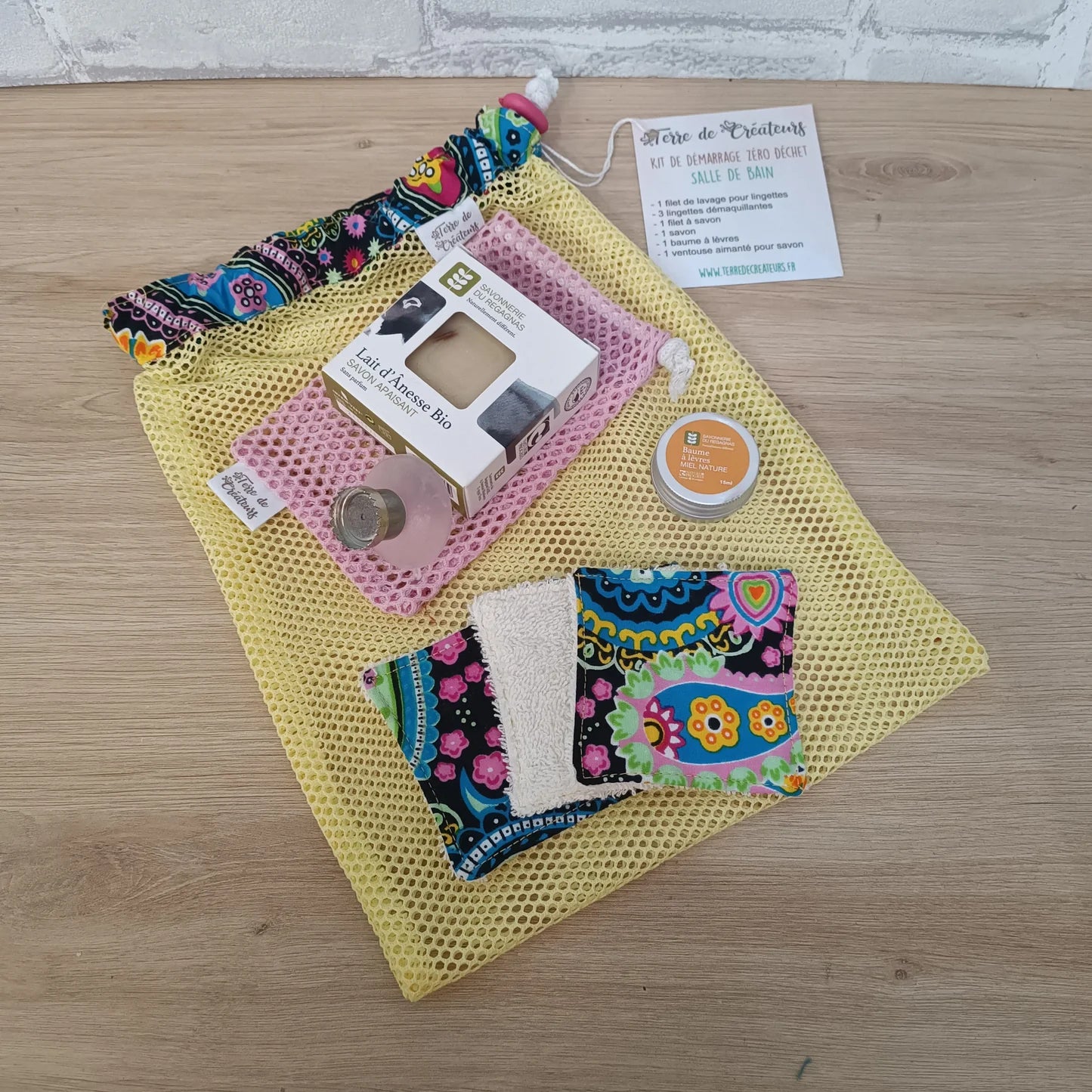 Kit zéro déchet salle de bain tissu motif multicolor