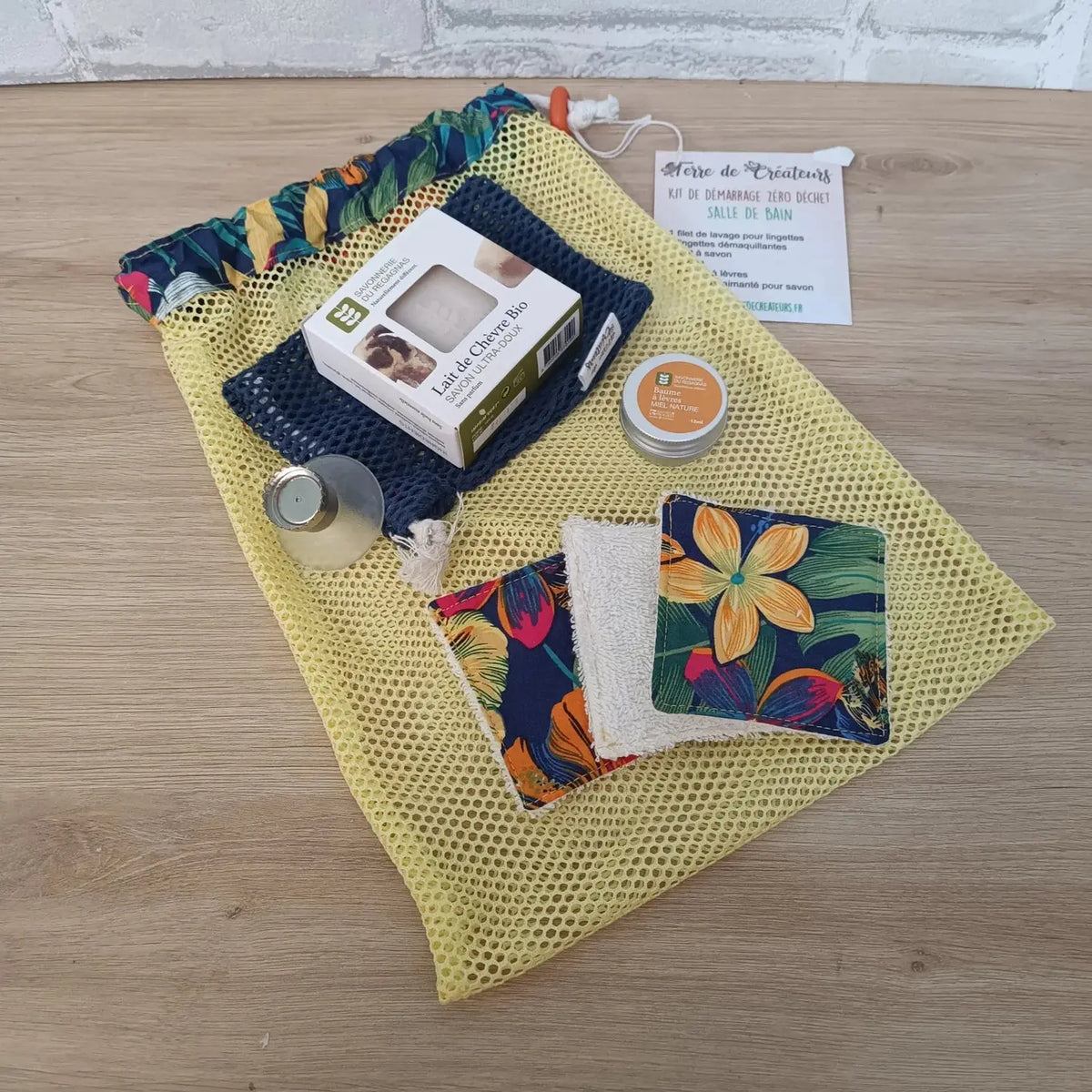 Kit zéro déchet salle de bain tissu motif tropical