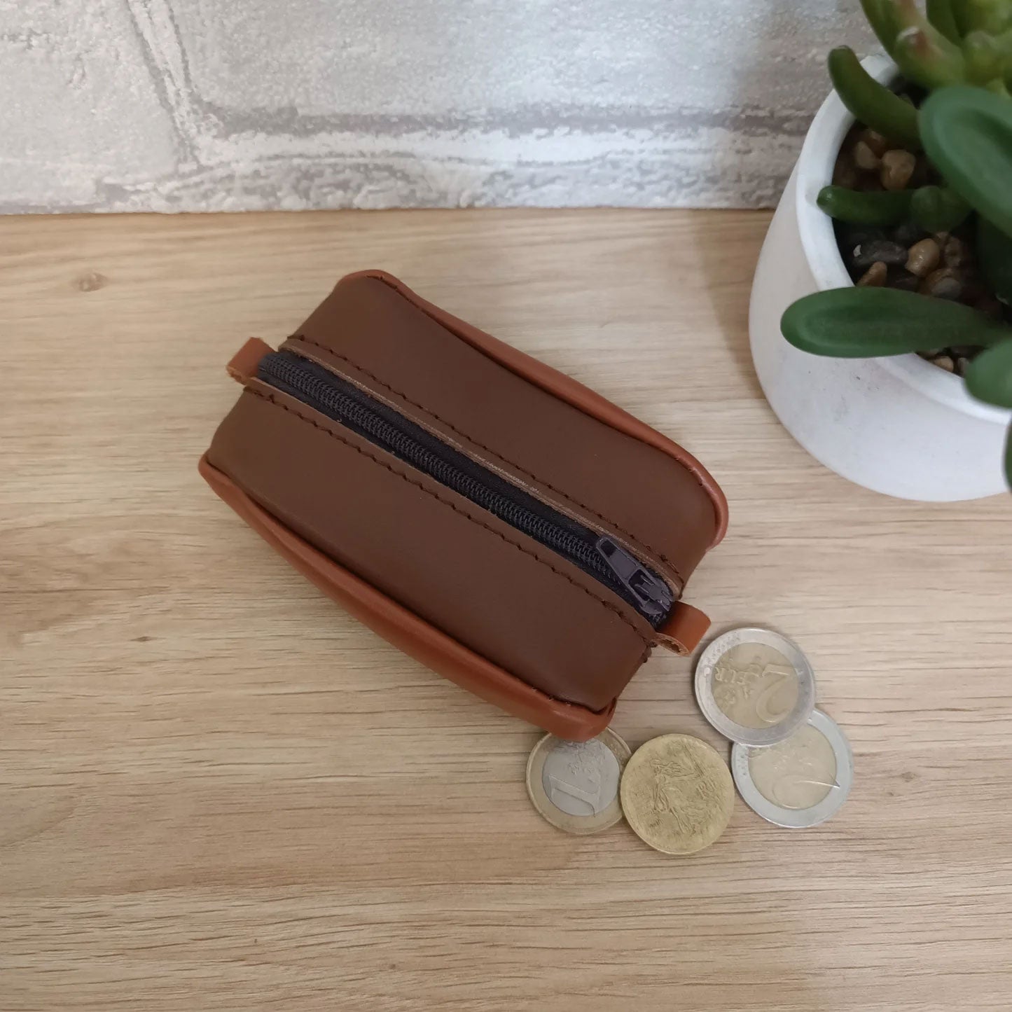 Porte monnaie Grain de café en cuir véritable coloris duo marron