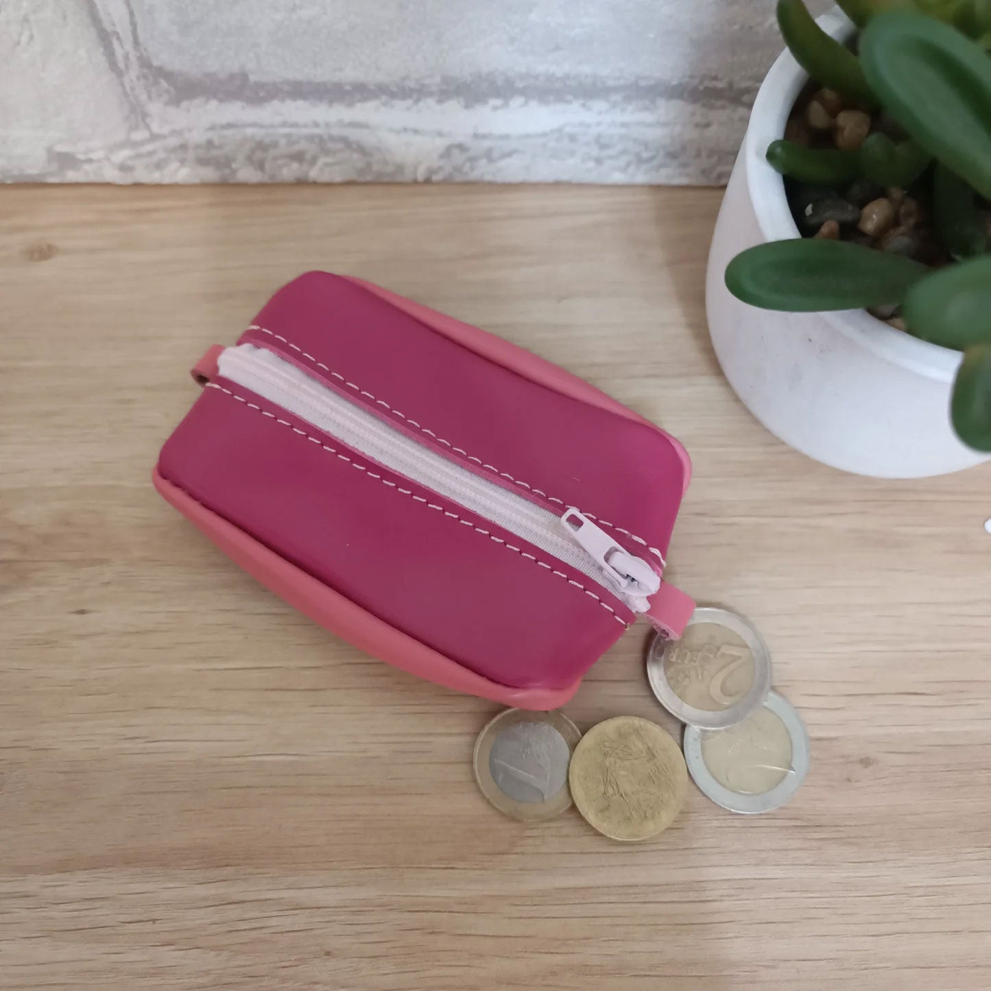 Porte monnaie Grain de café en cuir véritable coloris rose