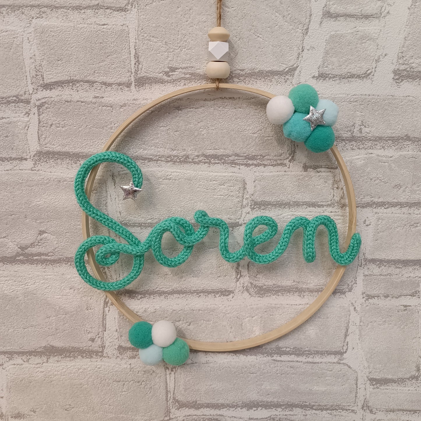 Prénom en tricotin Soren coloris vert jade