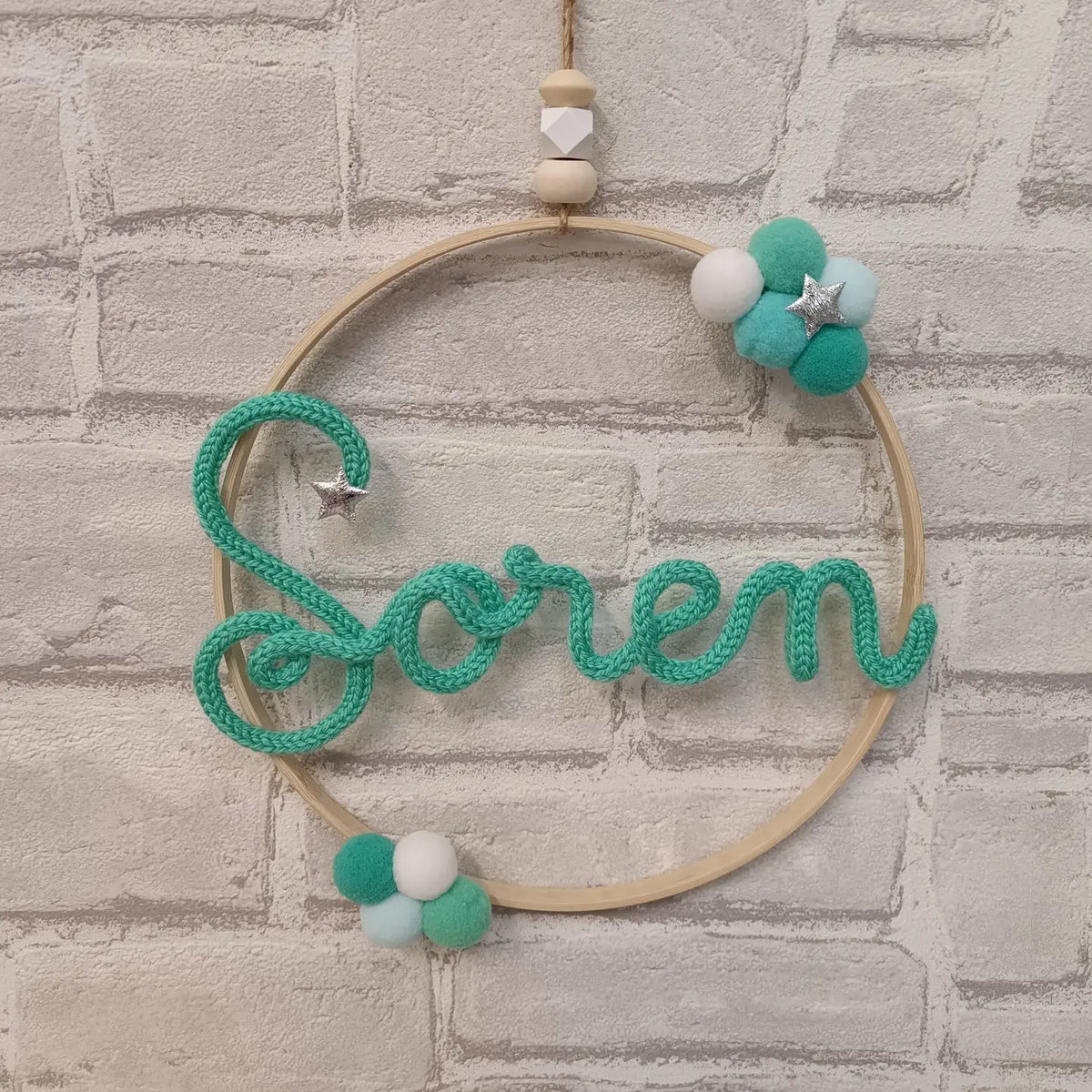 Prénom en tricotin Soren coloris vert jade
