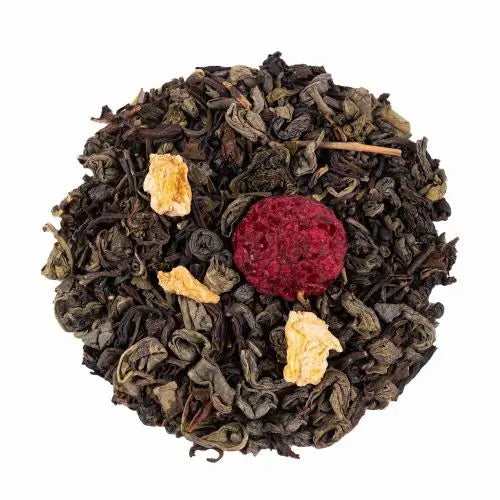 Mélange de thé vert et thé noir parfum pêche framboise