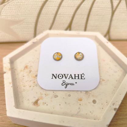 Boucles d'oreilles puce en aquarelle jaune rehaussé de feuille d'argent Novahé Bijoux