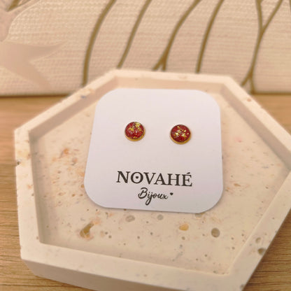 Boucles d'oreilles puce en aquarelle rouge rehaussé de feuille d'or Novahé Bijoux