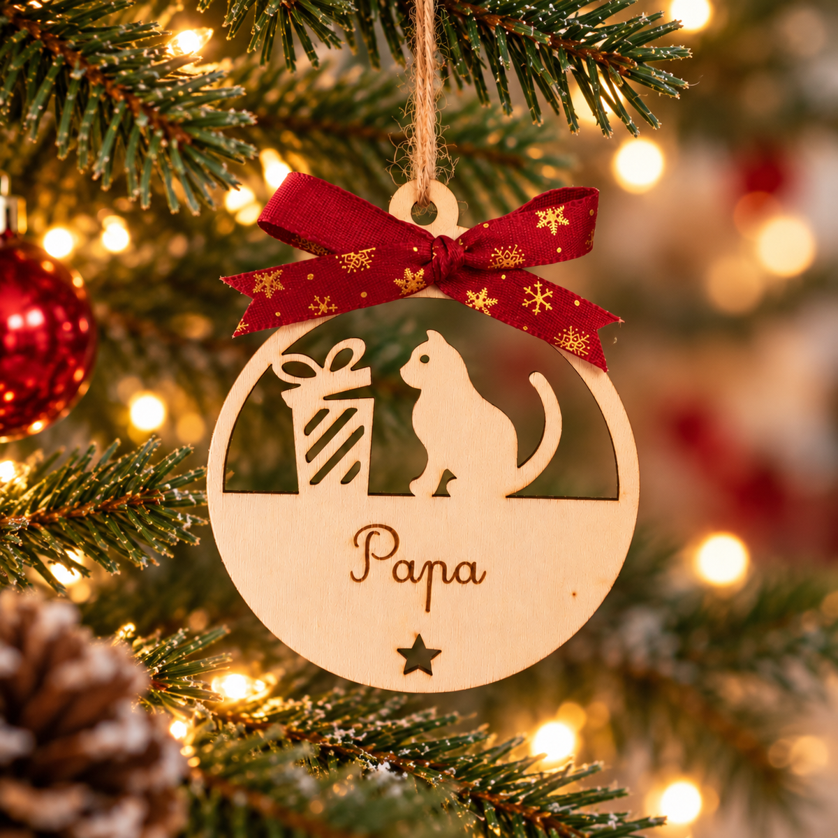 Boule de Noël en bois personnalisé motif chat avec cadeau