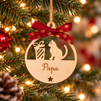 Boule de Noël en bois personnalisé motif chat avec cadeau