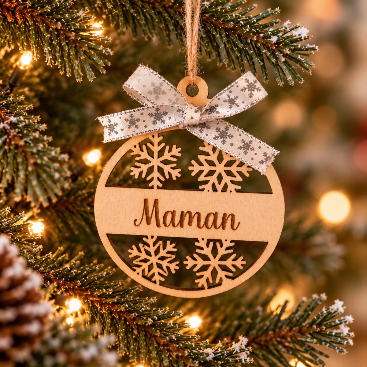 Boule de Noël en bois personnalisé motif flocons
