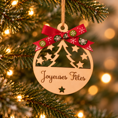 Boule de Noël en bois personnalisé motif sapin