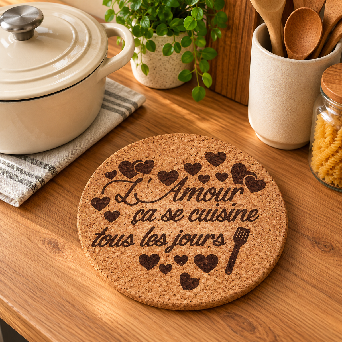 Dessous de plat en liège personnalisé L'amour ça se cuisine tous les jours