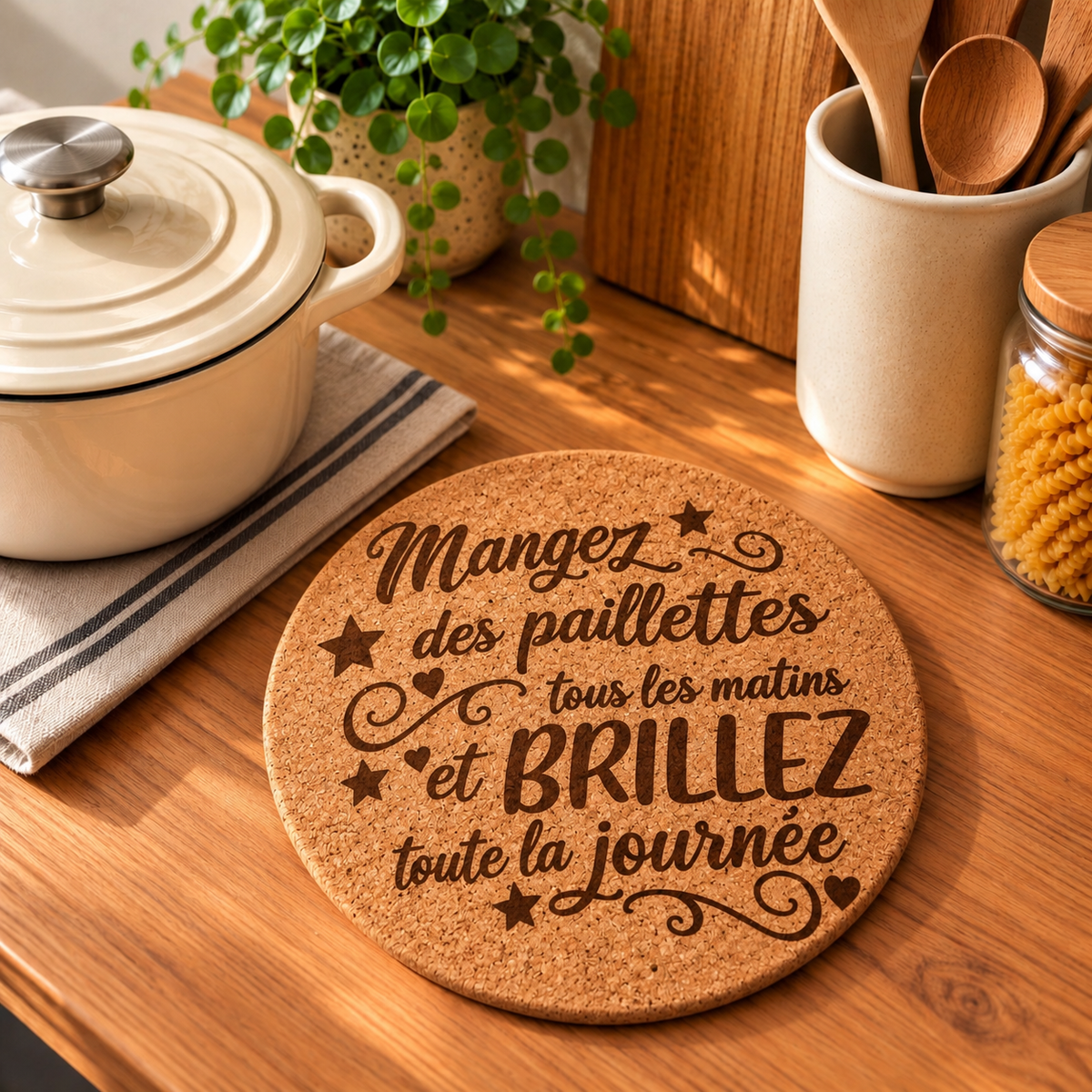 Dessous de plat en liège personnalisé Mangez des paillettes tous les matins et brillez toute la journée