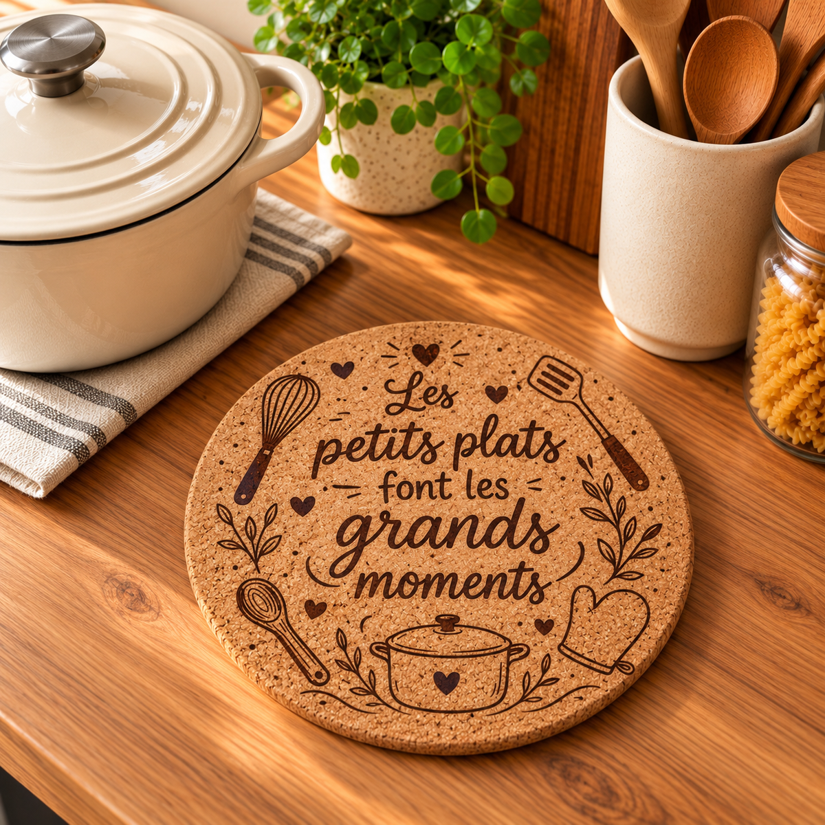 Dessous de plat en liège personnalisé Les petits plats font les grands moments