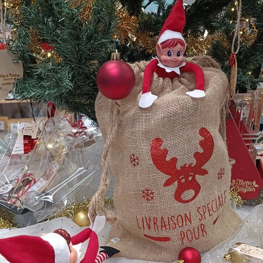 Hotte de Noël en toile de jute personnalisable