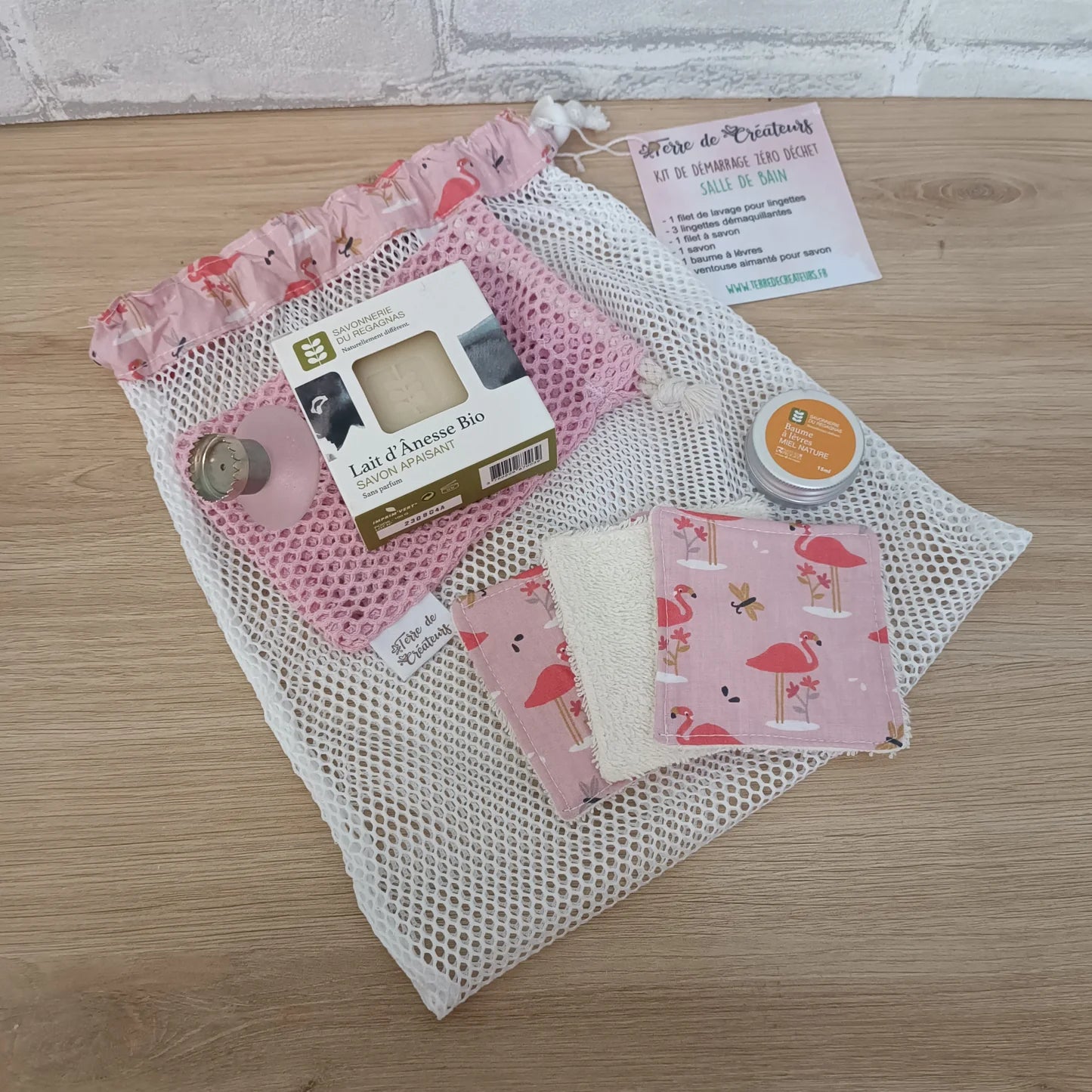 Kit zéro déchet salle de bain tissu motif flamant rose