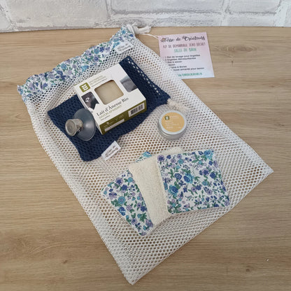 Kit zéro déchet salle de bain tissu motif liberty bleu