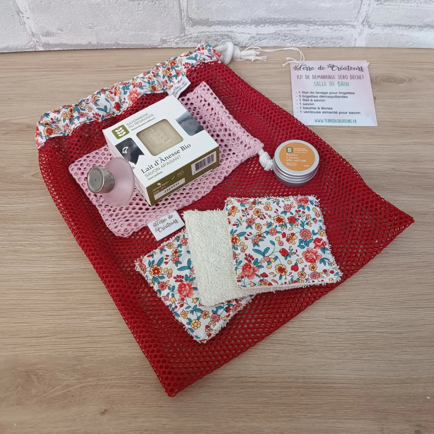 Kit zéro déchet salle de bain tissu motif liberty rouge