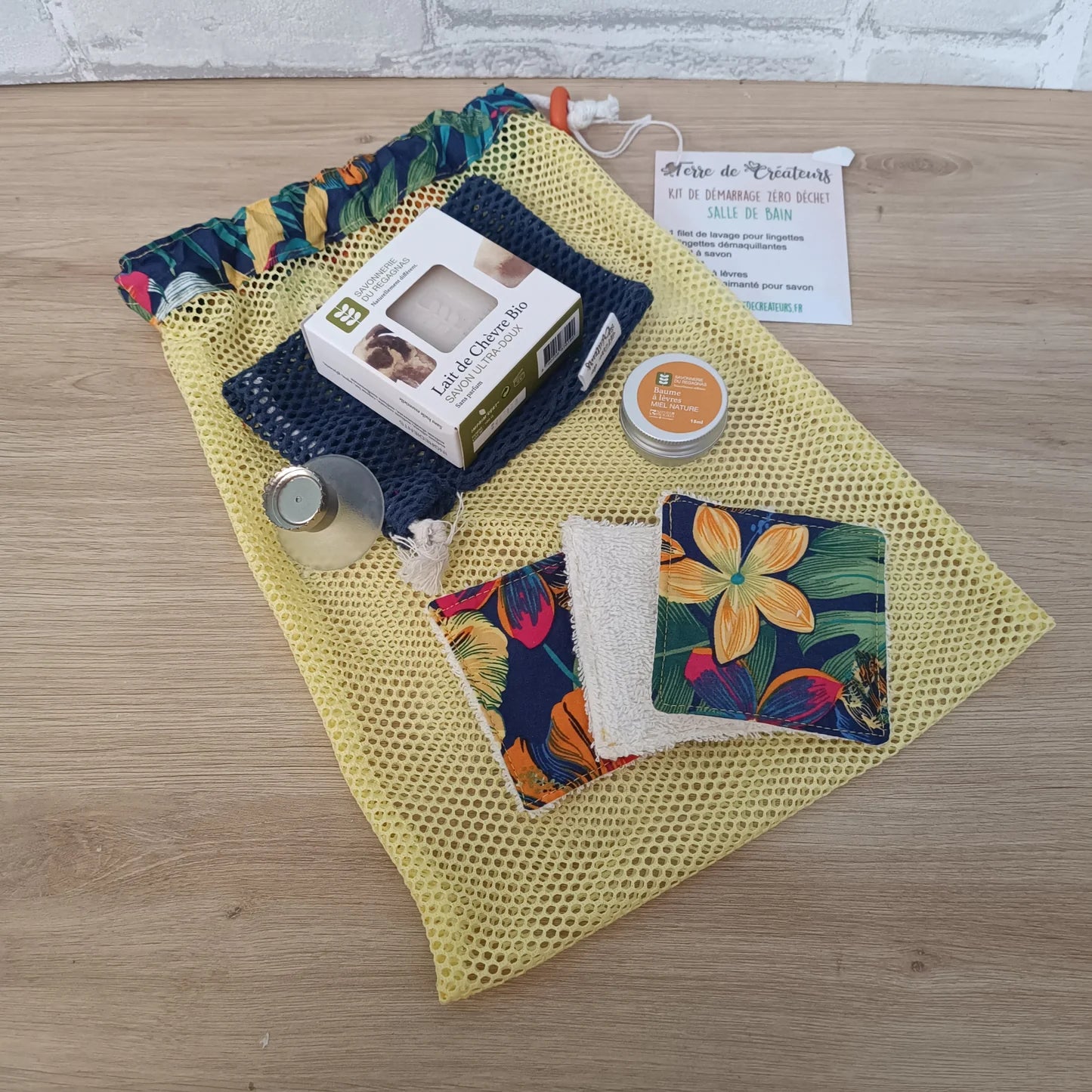 Kit zéro déchet salle de bain tissu motif tropical