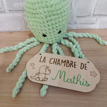 Plaque de porte personnalisée artisanale pour chambre enfant thème dinosaure prénom Mathis