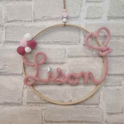 Prénom en tricotin rose Lison