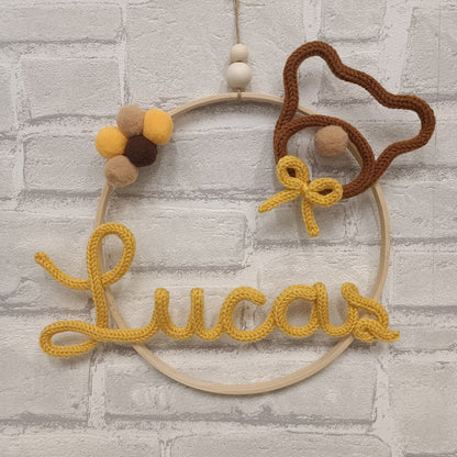 Prénom tricotin fait main Lucas et petit ourson