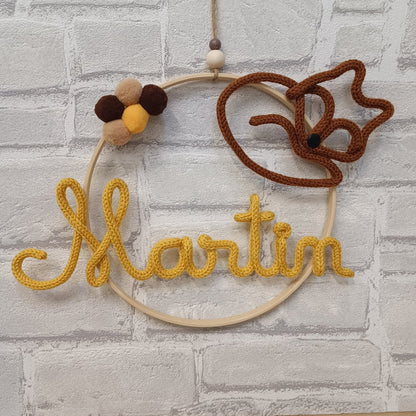 Prénom en tricotin Martin avec Renard