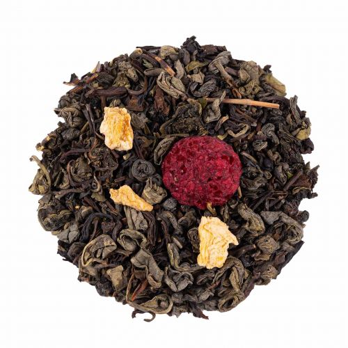 Mélange de thé vert et thé noir parfum pêche framboise